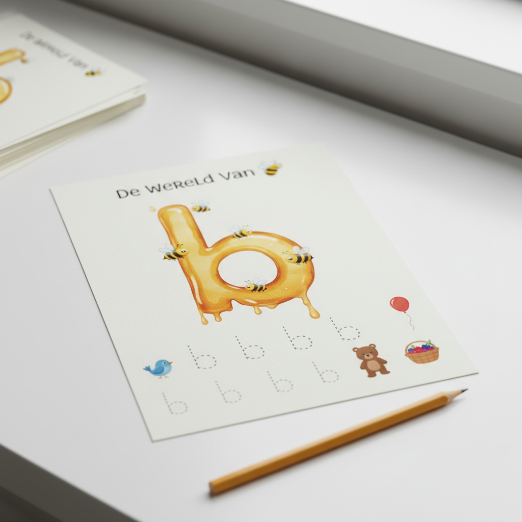 A detailed close-up of a single printable worksheet from “De Wereld Van 🐝” lies on a smooth white desk, centered in the frame. The sheet features a large, friendly lowercase letter “b” made from translucent honey with tiny bees hovering around, plus simple tracing lines and small illustrated objects that start with the letter. A sharpened colored pencil rests diagonally along the bottom edge of the paper, and additional blurred worksheets are stacked in the background. Bright, indirect daylight from above and slightly to the right creates clean, soft shadows and crisp contrast, emphasizing the paper’s subtle texture. Photographic realism with a clean, minimal aesthetic, shot from a slightly elevated angle with shallow depth of field, conveying focus, clarity, and playful learning without any people.