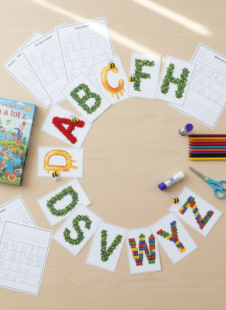A flat-lay photographic scene of a creative “letter lab” workspace on a wide, light wooden table, featuring individual letter cards arranged in a loose alphabet arc. Each card showcases a different tactile style, such as fuzzy felt, shiny honey drips, leafy vines, or stacked building blocks, with tiny illustrated bees visiting some letters. Around the arc are printed activity sheets, a closed copy of “De wereld van a tot z,” and a few neatly arranged craft tools like glue sticks and colored crayons. Soft overhead daylight gives an even, natural illumination, with gentle, realistic shadows that add depth. The composition is carefully organized yet playful, shot directly from above with sharp focus throughout, evoking a bright, imaginative, and hands-on learning atmosphere.
