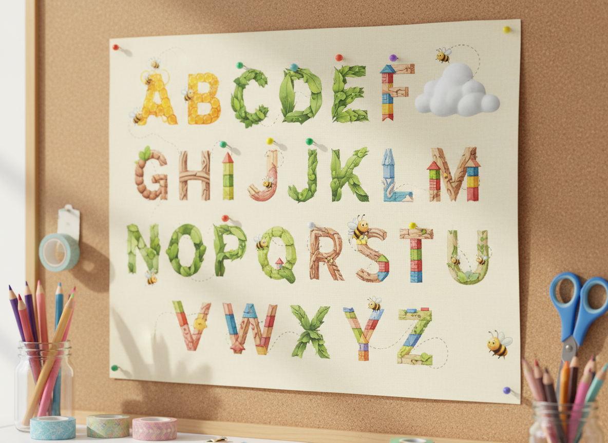 A close-up, photographic view of a whimsical alphabet poster pinned to a corkboard, each large letter crafted from playful textures like honeycomb, leaves, clouds and toy blocks, with tiny cartoon bees buzzing around select letters. The paper has a slightly matte finish with a subtle texture, and the poster edges curl just a little for realism. The corkboard is framed by soft-focus art supplies: colored pencils in a jar, washi tape rolls, and a pair of child-safe scissors. Gentle morning light from the left creates soft highlights on the paper and delicate shadows on the cork, enhancing a warm, creative, and inviting mood. Shot at a slight angle with shallow depth of field for a cozy, handcrafted learning vibe.
