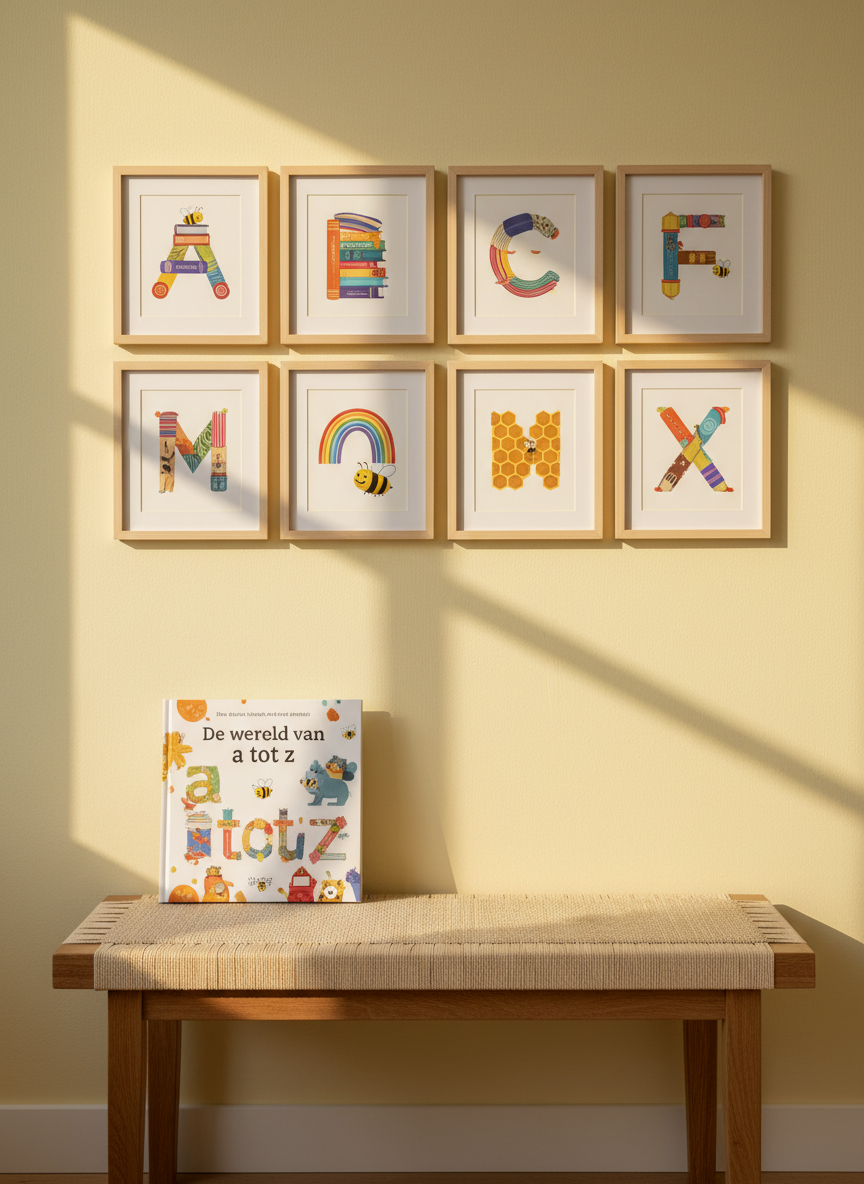 A cozy, low wooden bench is set against a pastel yellow wall decorated with a playful gallery of framed alphabet prints from “De Wereld Van 🐝.” Each frame shows a single oversized letter built from imaginative objects—an “A” made of stacked books, a “C” shaped like a rainbow, an “M” made of honeycomb—with tiny bees hidden like a visual search game. A single copy of the book “De wereld van a tot z” rests upright on the bench, its glossy cover catching a subtle highlight. Soft, warm late-afternoon light from the left adds a golden, comforting glow, casting gentle shadows behind the frames. Photographic realism, eye-level composition, with an inviting, playful and slightly whimsical mood, perfect for a child’s reading corner.