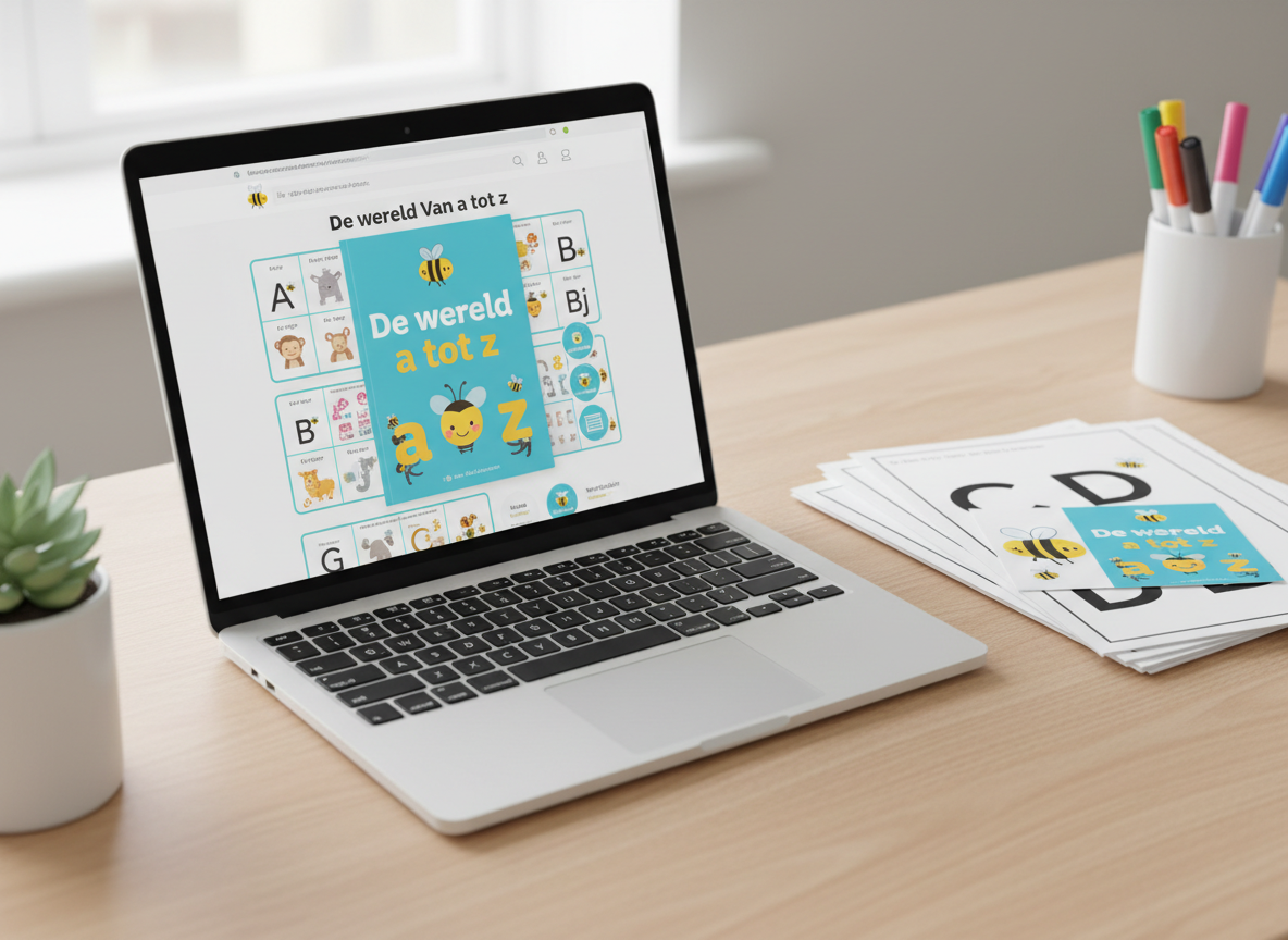 A clean, modern desk setup shows a slim white laptop displaying a colorful homepage for “De Wereld Van 🐝,” featuring the cover of the book “De wereld van a tot z” and thumbnail previews of letter posters and printables. Beside the laptop lies a neatly stacked pile of printed worksheets with bold, friendly letters and small bee icons, along with a single glossy postcard promoting the book. The desk surface is pale wood, with a small potted plant and a cup filled with markers in soft focus at the edges. Natural, diffused daylight from a nearby window creates a bright, airy atmosphere. Photographic realism, captured from a slightly elevated angle, emphasizing clarity and playfulness in a digital-meets-physical learning environment, without any people present.