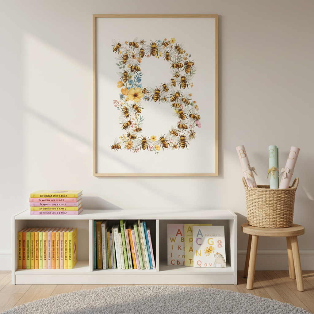 A tidy, child-friendly reading nook is staged with a low white bookshelf filled with neatly arranged copies of “De wereld van a tot z,” alphabet posters rolled into tubes in a small basket, and a stack of colorful printables on a natural wooden stool. On the wall above, a large framed letter poster features a bold letter “B” made of tiny illustrated bees and flowers in crisp detail. Soft, diffused daylight comes from an unseen window, creating even, gentle lighting with subtle shadows that feel calm and welcoming. Photographic realism, shot straight-on at eye level with a balanced, symmetrical composition, emphasizing clarity and organization in a playful, educational atmosphere.